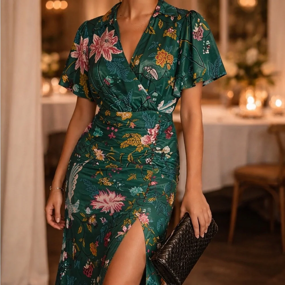 MAEVE Deep Teal Romantic Floral Bird Print Shirt Midi Dress | Size 4 - Picture 1 of 7